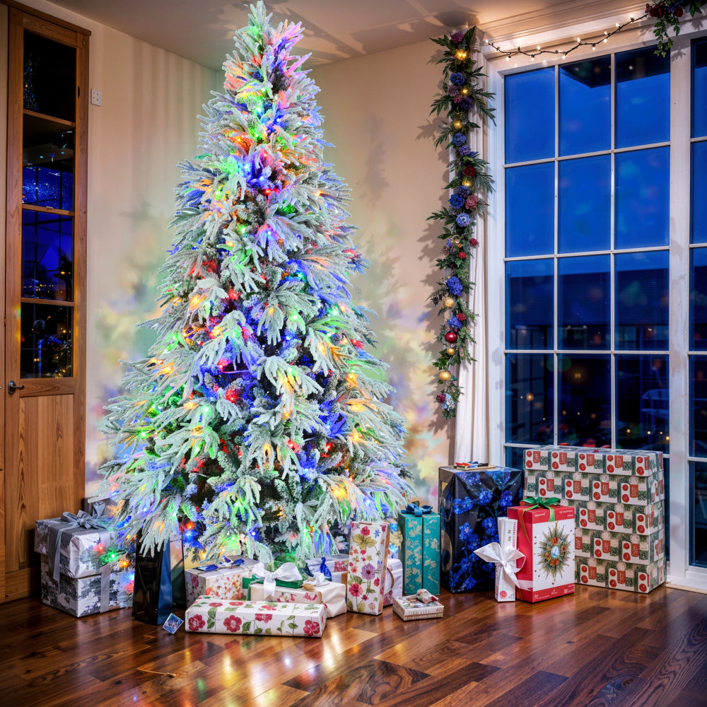 7.5FT Pre-Lit Spruce Snow Flocked Christmas Tree, Artificial Hinged Xmas Tree with 350 Multi-Color LED Lights, 8 Flashing Modes &1389 Snow Branch Tips, Holiday Office Home Décor