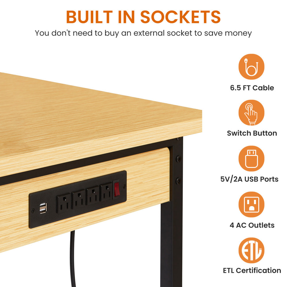 48''Adjustable Workbench with pegboard, Heavy Duty Wooden Desktop Workbench with Wheels, 1600 lb. Load Capacity, Rolling Workbench with AC/USB Outlet, Hooks, Shelf, for Garage, Workshop, Office, Home.