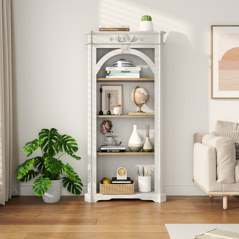 Antique 4 Tiers bookshelf,65 inch tall bookcase,tall floor standing bookcase for Home Office, Living Room, antique white