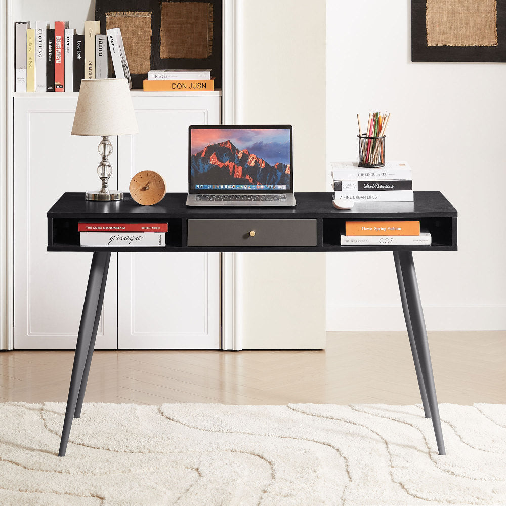 Mid Century Desk , Modern Writing Study Desk with Drawers, Multifunctional Home Office Computer Desk Walnut+Dark Grey