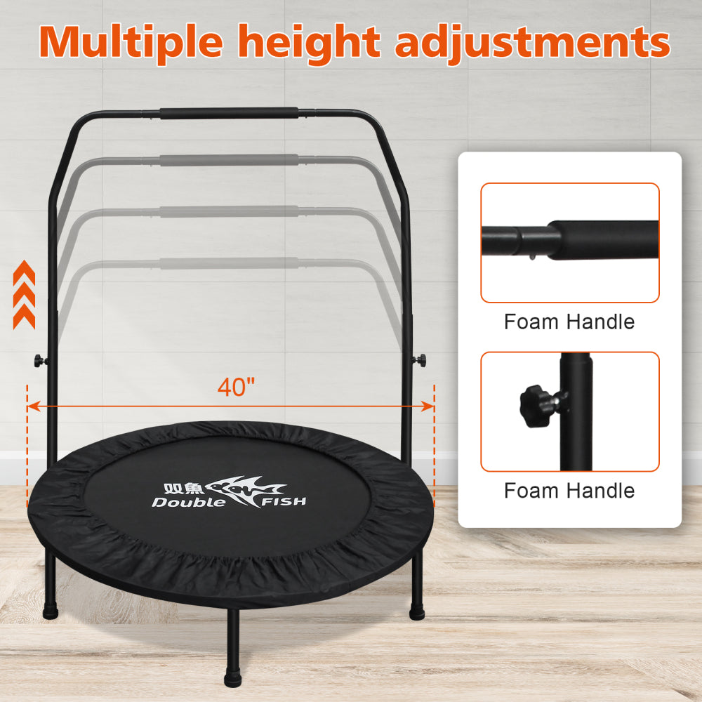DOUBLE FISHHigh-Quality Adjustable Foam Handle 1 Mini Trampoline 40" - Supports Up To 400lbs, Black Rectangular Fitness Rebounder For Adults - Ideal For Indoor & Outdoor Workouts Eas