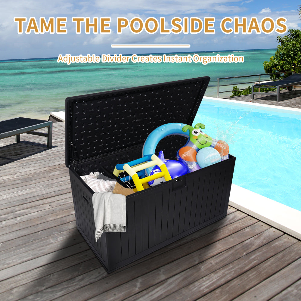 230 Gallon Resin Outdoor Deck Box Waterproof, Extra Large Patio Storage Box with Lockable Storage Containers for Patio Furniture Cushions, Pool Accessories, Garden Tools