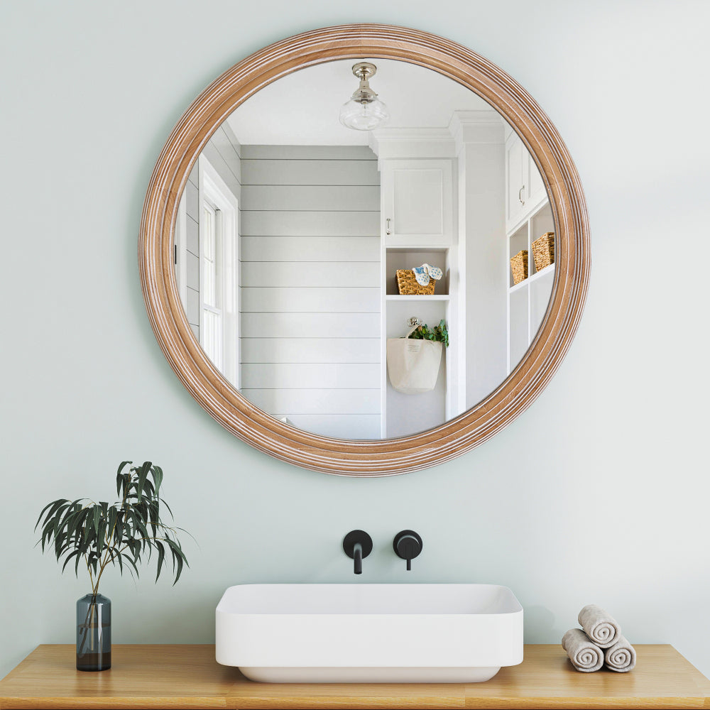 27.5 inches Round Wall Mirror for Bathroom Vanity, Wooden Farmhouse Circle Mirrors for Bedroom, Entryway, Living Room, Kithen Whitewash Edge Decorative Mirror for Home, Office