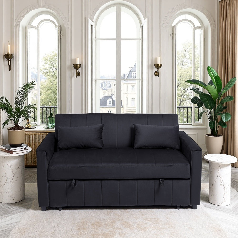 Sleeper Sofa Bed, 3-in-1 Velvet Pull Out Couch with Armrests, Storage Pockets and 2 Pillows, Adjustable Backrest, Sofa Bed Couch for Living Room, Bedroom(Black)