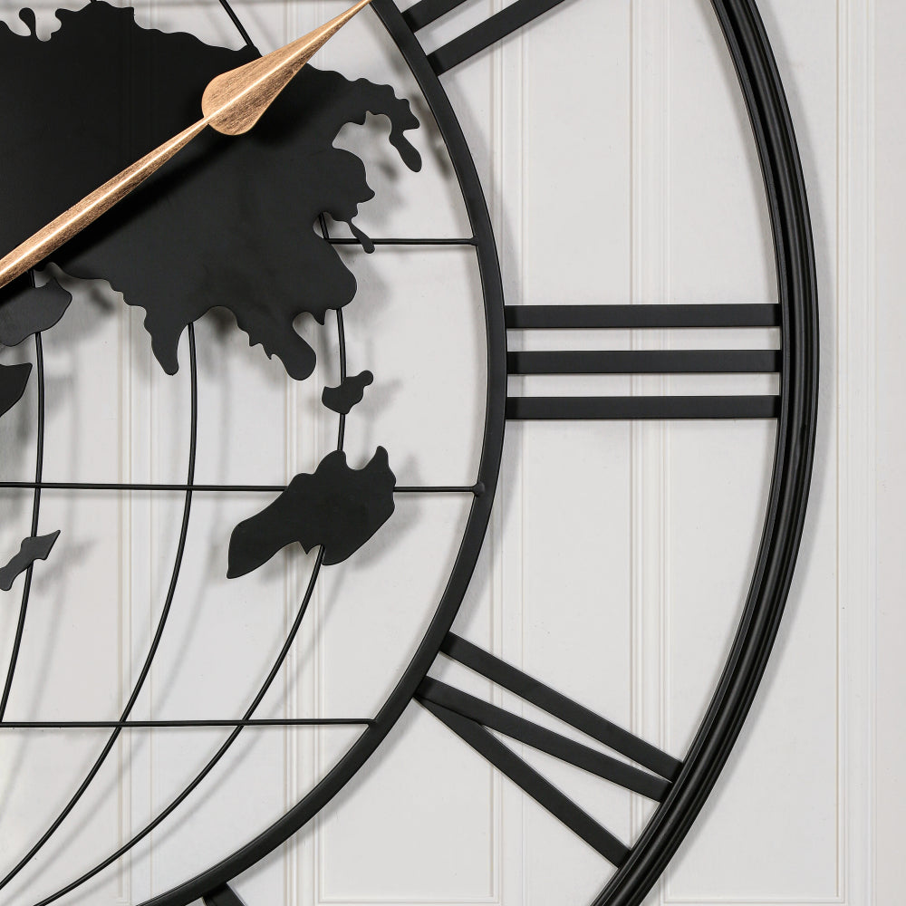 36 Inch Large Black Metal Wall Clock, Modern Silent World Map Wall Clock with Gold Pointers, Decorative for Living Room, Entryway, Dinning Room, Bedroom