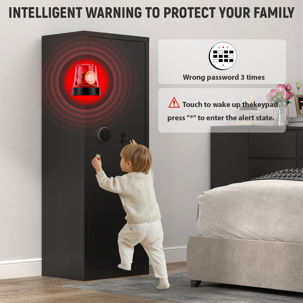 Steel Large Fireproof and Waterproof Gun Safe, Supporting Classified Storage of Multiple Types of Firearms, Equipped with Pistol Pouches, a Programmable Keypad, Dual Backup Keys and a Alarm System.