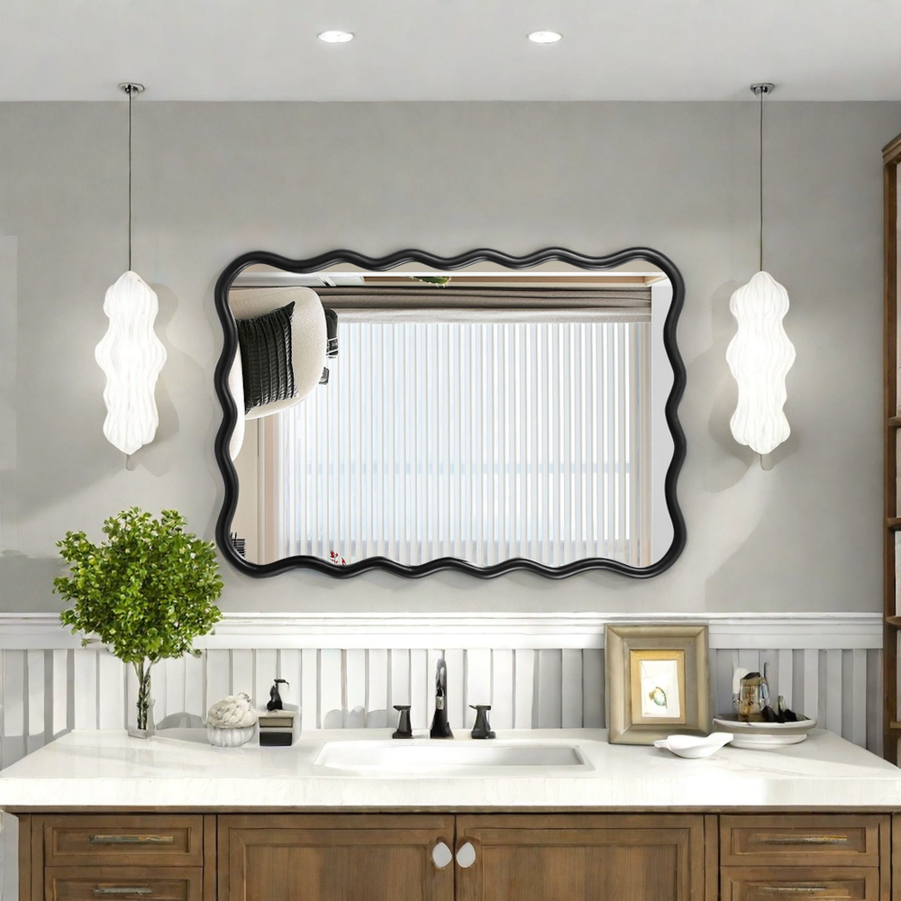 Solid Wood Wavy Rectangle Mirror-Black 40" x 28" Modern Mirror Wall Decor for Bathroom, Bedroom, Living Room, Dining Room, Cloakroom, Entryway