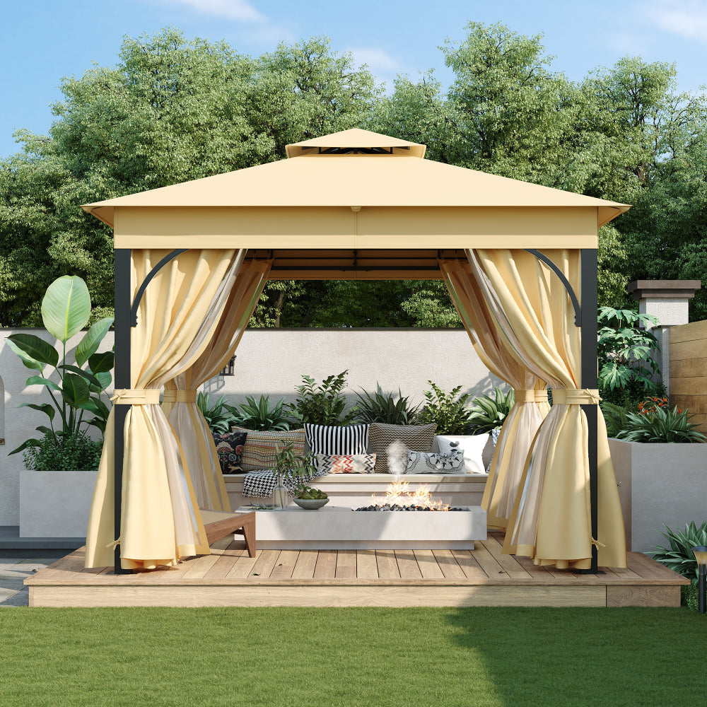 TREXM 10x10 Outdoor Gazebo Tent with Double Roofs, Patio Gazebo with Mosquito Netting and Privacy Screens, Patio Canopy for Shade and Rain for Backyard, Garden, Lawn and Deck (Beige)
