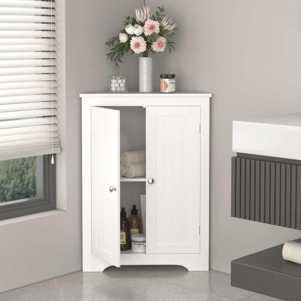 Floor Corner Cabinet with 2 Doors and Adjustable Shelves, Freestanding Narrow Cabinet Organizer, Corner Storage Cabinets for Bathroom, Kitchen, Living Room, or Bedroom, White