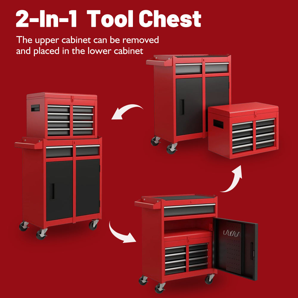 Tool Chest, 5-Drawer Rolling Tool Storage Cabinet with Detachable Top Tool Box, Liner, Universal Lockable Wheels, Adjustable Shelf, Locking Mechanism, Metal Tool Cart for Garage Workshop
