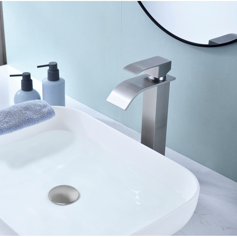 Waterfall Spout Bathroom Sink Single Handle Faucet with Pop-Up Drain (No Overflow)