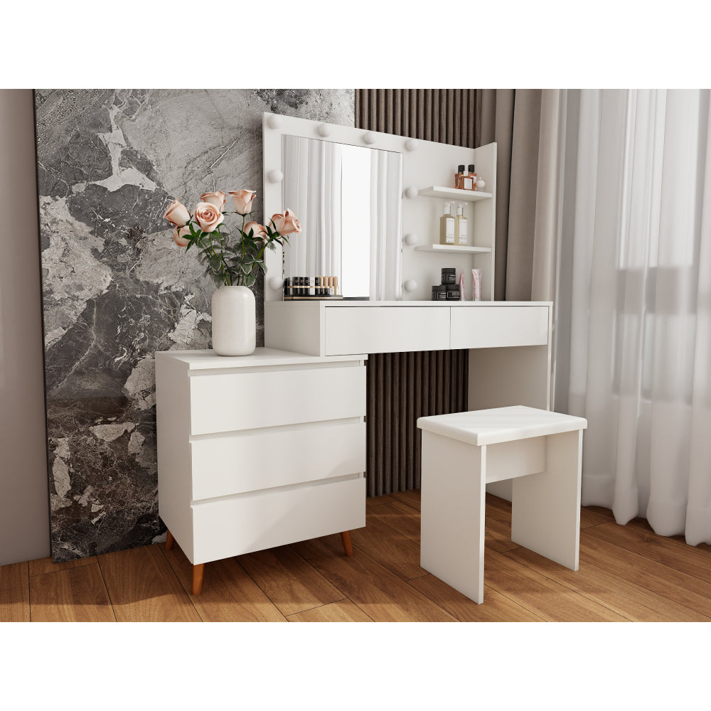 LED Lighted Makeup Vanity Table with Mirror - White Beauty Station with Storage Drawers, Matching Stool, and Organizing Compartments for Makeup Brushes and Cosmetics