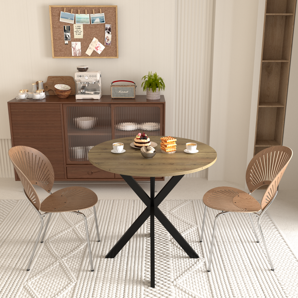 31.5 Inch Round Dining Table, Small Circle Kitchen Table with Metal Black Legs for 2-4 people,Modern Dining Room Table, Brown (only table)