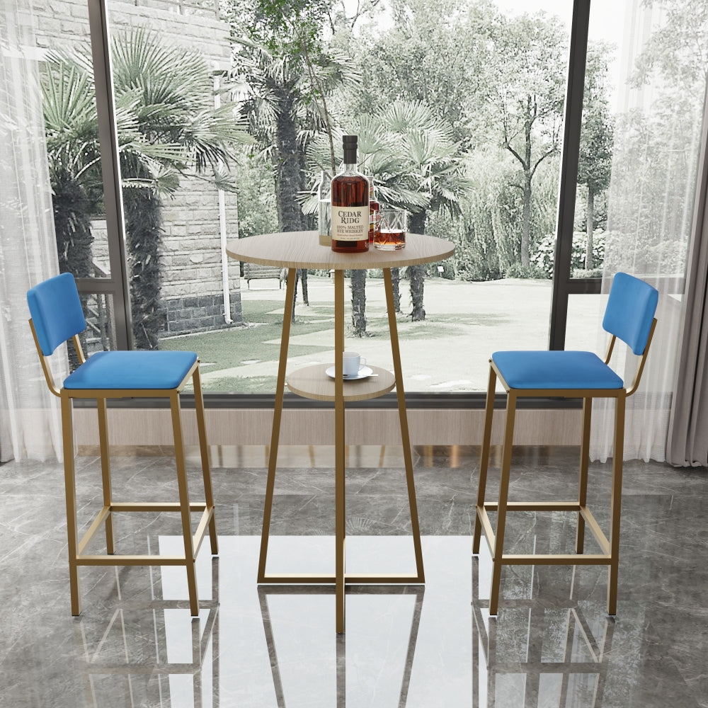 Bar table and chairs three piece set, gold frame, sponge made seat cushions and backrests, bar table with storage function (gold+brown tabletop+blue cushion)