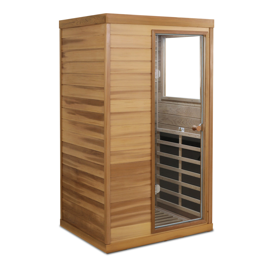 Red cedar Mini one person far infrared glass door on the right of the indoor sauna room