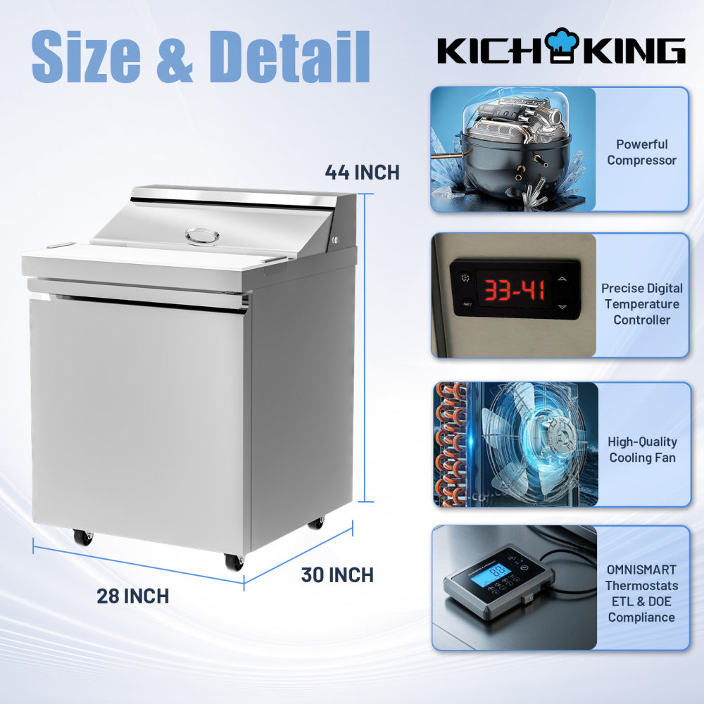 27" W 1 Door Refrigerator Sandwich Salad Prep Table Commercial Stainless Steel Fan Cooling Refrigerator with Cutting Board, 1 Shelves & 8 Pans for Restaurant, Bar, Shop-7.4 Cu.ft
