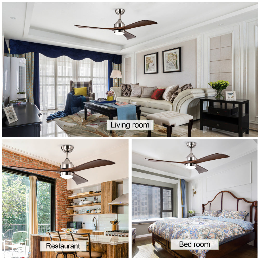 52" Ceiling Fan with Lights Remote Control,Quiet DC Motor 3 Wood Blade Ceiling Fans 6 Speed Levels,Reversible Ceiling Fan, for Patio Living Room, Bedroom, Office,Indoor.(Stain nickel + Walnut )