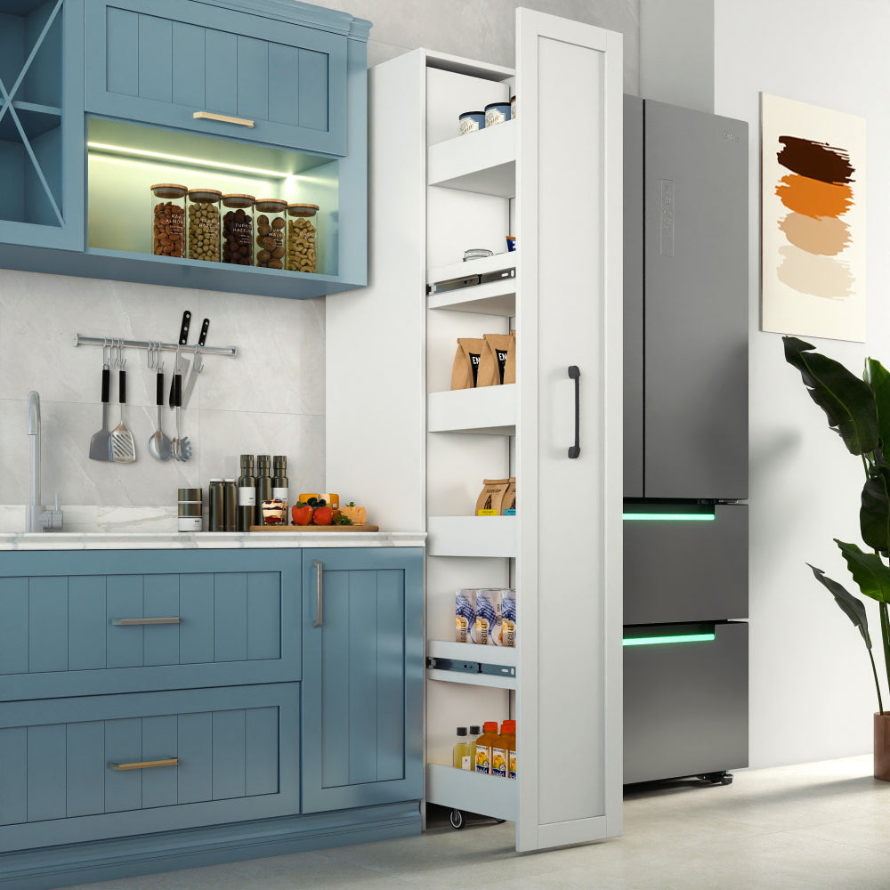 White,Large, Slim Storage Cart, Kitchen Rolling Cart, Narrow Storage Cabinet with Handle & Wheels, Wood Spice Rack Next to Fridge, Pantry Shelf for Kitchen, Small Spaces