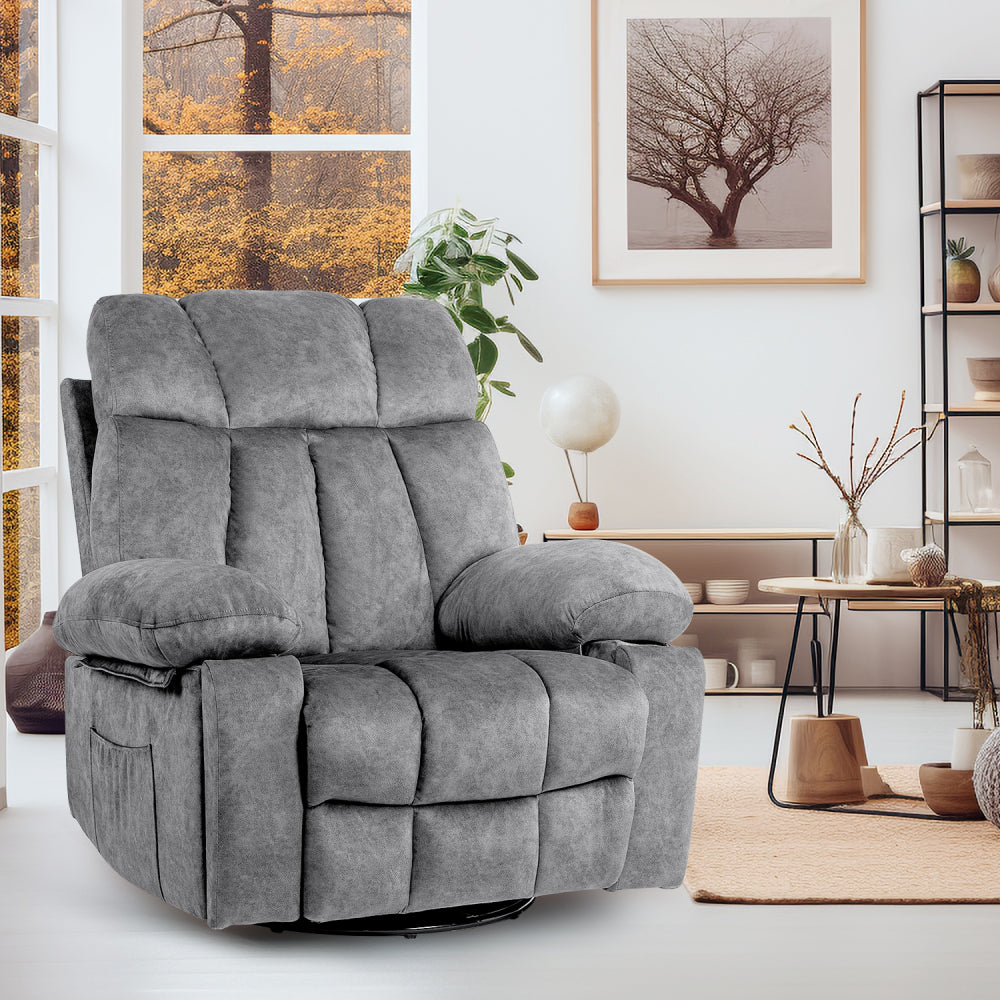 Massage Swivel Rocker Recliner Chair, Massage Chair for Living Room with Vibrating Massage and Heating Function,  Ergonomic Lounge Chair with Rocking Function and Side Pocket, USB Charging Port(Grey)