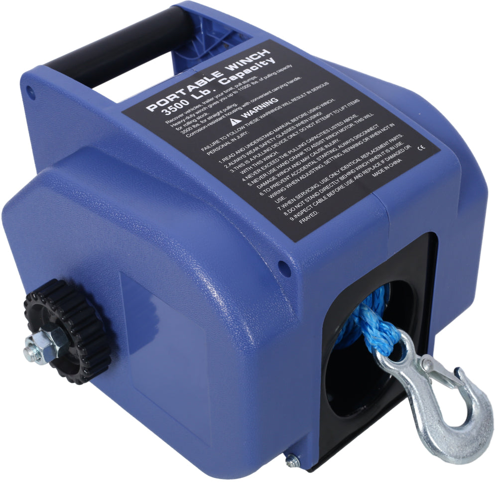 12v 3500lbs Trailer Winch,Reversible Electric Winch, for Boats up to 6000 lbs.,with synthetic rope,with extra pulley hook,power in and power out,with manual function.blue plastic casing