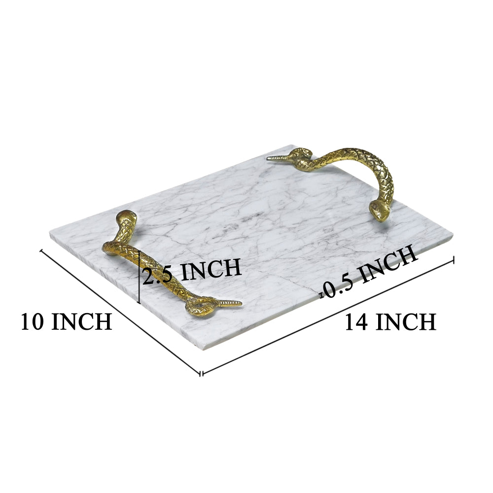Mamba White Marble Decorative Serving Tray with Brass Snake Handles