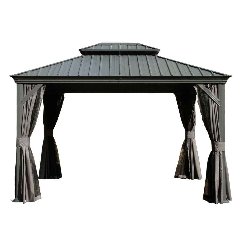 10' X 12' Hardtop Gazebo, Upgraded Metal Gazebo with Drainage System, Dual-Layer Galvanized Steel Roof, Curtain and Netting, Outdoor Shelter Canopy for Patio, Garden, and Backyard, Grey