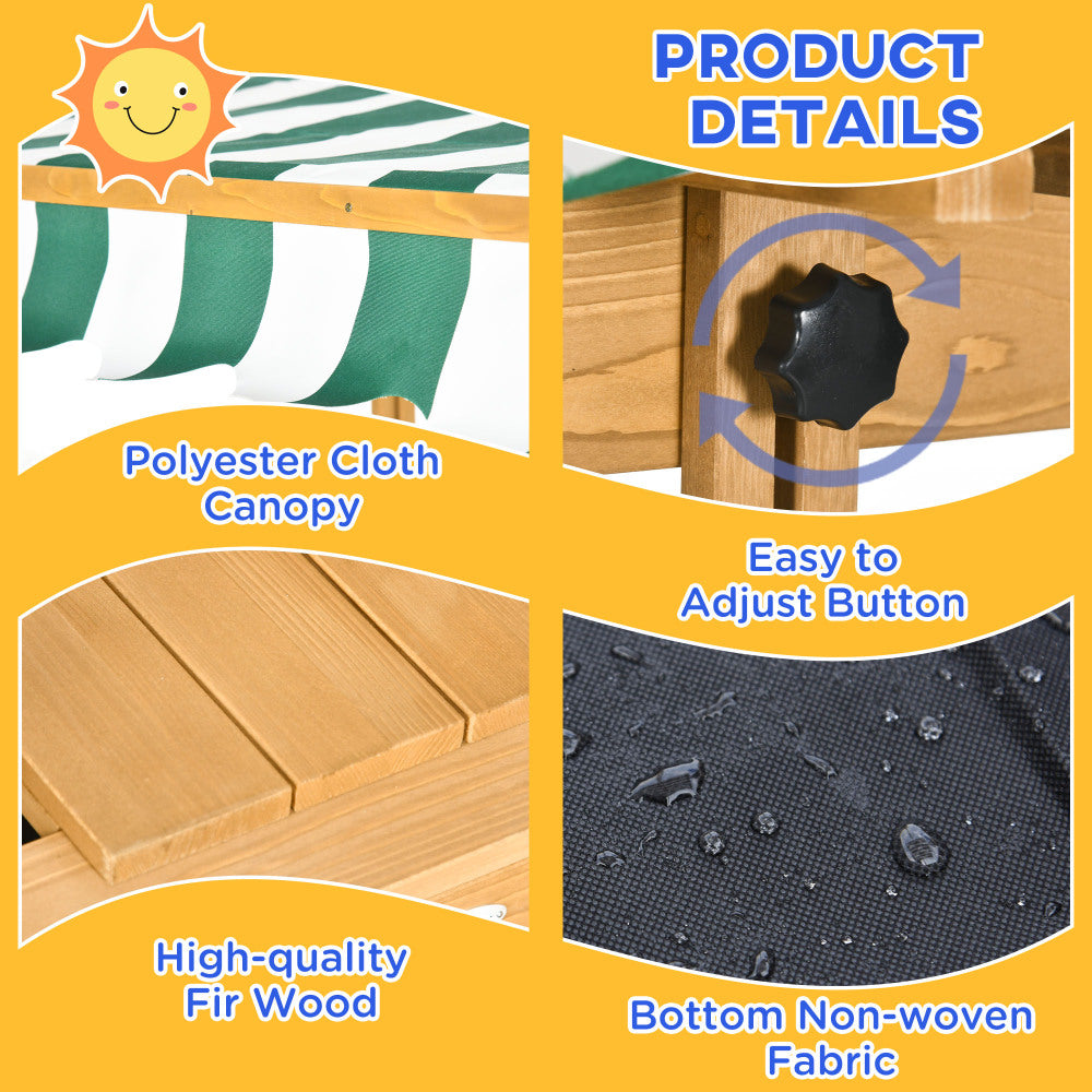 Outsunny Wooden Kids Sandbox with Cover, Children Outdoor Sand Box with Foldable Bench Seats, Adjustable Canopy, Bottom Liner for Outdoor, Brown