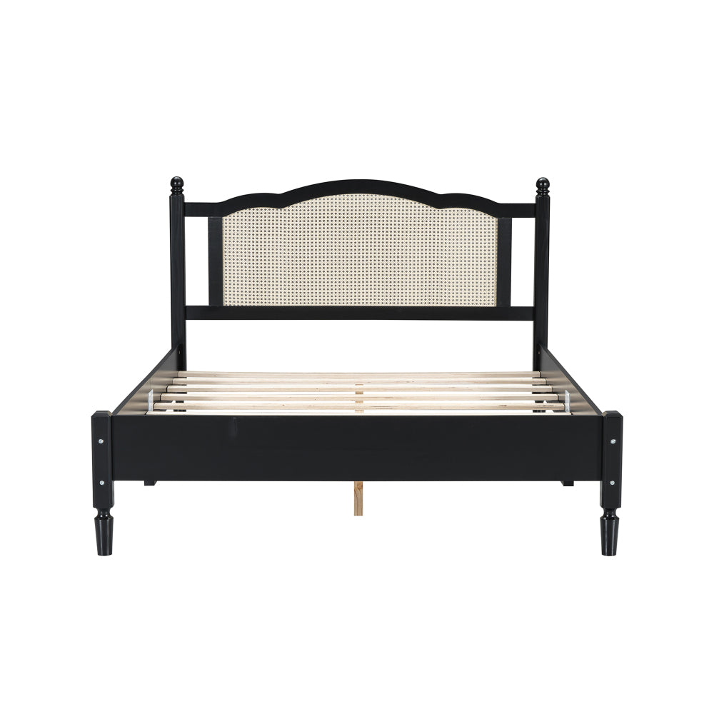 3 Pieces Bedroom Set with Queen Size Wooden Bed Frame, 1 Vintage  Nightstand and 1 Makeup Vanity Set with Stool,Black