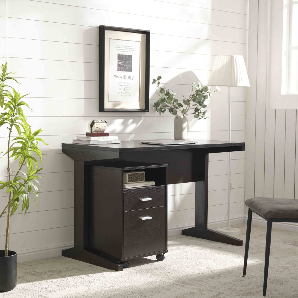 Home office desk with modesty panel and detached file cabinet on locking wheels with two drawers file drawer cubby shelf metal bar handle Red Cocoa color