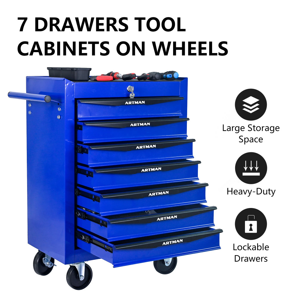Rolling Metal Tool Chest with 7 Drawers, 20" 7-Drawer Tool Chest Cabinet with Ball Bearing Drawer Slides, Steel Tool Storage Box Organizer -BLACK&BLUE