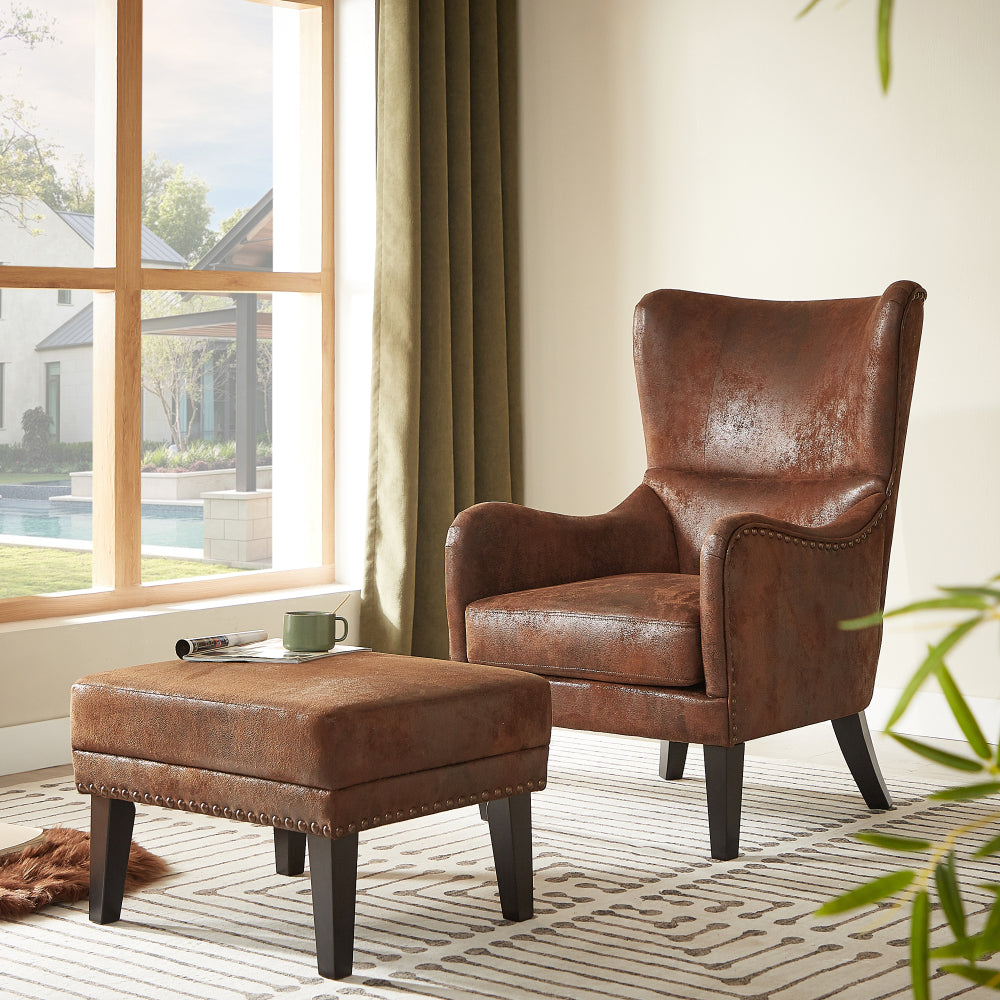 Mirod Vintage Distressed Ottoman,Classic Riveted Footrest with Solid Wood Legs for Living Room, Bedroom & Study