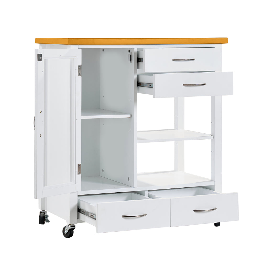 Kitchen Island Cart with walnut wood Top, Rolling Storage Cabinet on Wheels with Drawers, Sideboard Buffet with Towel Bar, White