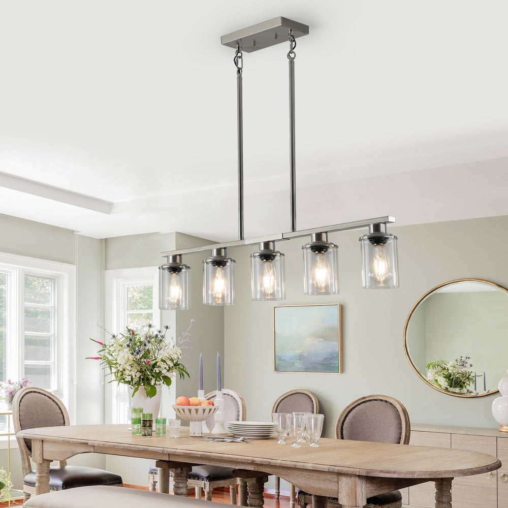 37" Farmhouse Industrial 5-Light Kitchen Island Pendant Light, Metal Wood Chandelier with Clear Glass Shades, Adjustable Height Hanging Fixture for Dining Room, Living Room, Kitchen (No Bulbs)