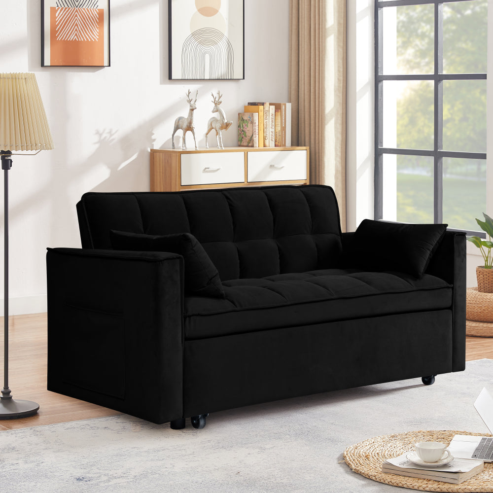 Modern Velvet Fabric 53" 3 in 1 Convertible Sleeper Sofa Bed, Futon Couches for Living Room with Side Pocket,  Adjustable Backrest(Black)
