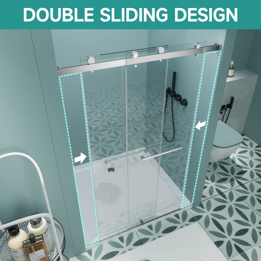 60" W x 76" H Frameless Double Sliding Shower Door, Soft-Close Brushed Nickel Shower Screen, 5/16" (8mm) Clear Nano-Coated Tempered Glass, Dual Stainless Steel Door Handles
