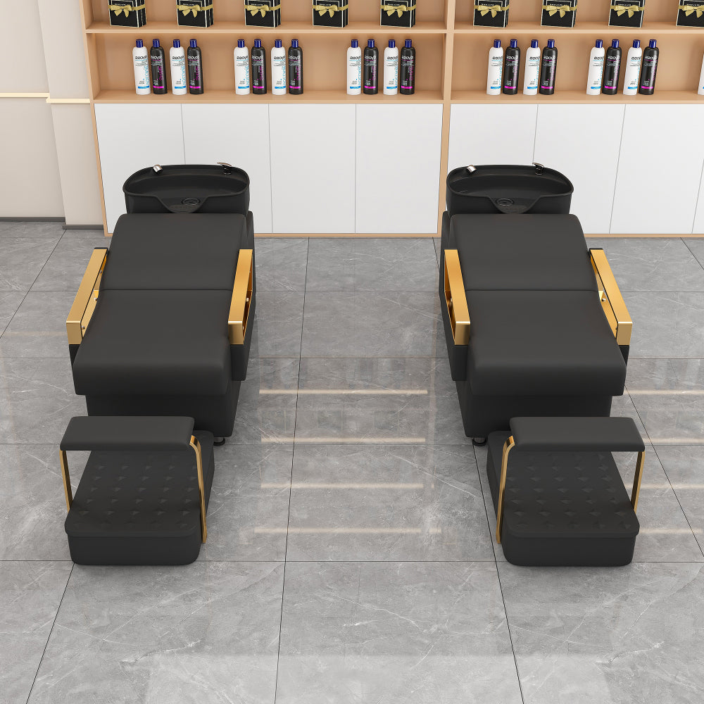 Shampoo Bowl and Chair Set for Salon, Hair Washing Station for Hair Stylist, ABS Shampoo Bowl Sink Chair with Independent Footrest for Spa Beauty Barbershop(Black+Gold)