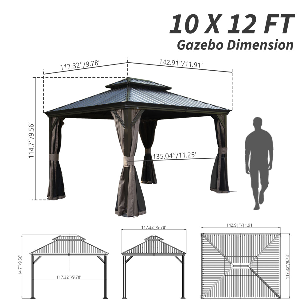 10' X 12' Hardtop Gazebo, Upgraded Metal Gazebo with Drainage System, Dual-Layer Galvanized Steel Roof, Curtain and Netting, Outdoor Shelter Canopy for Patio, Garden, and Backyard, Brown