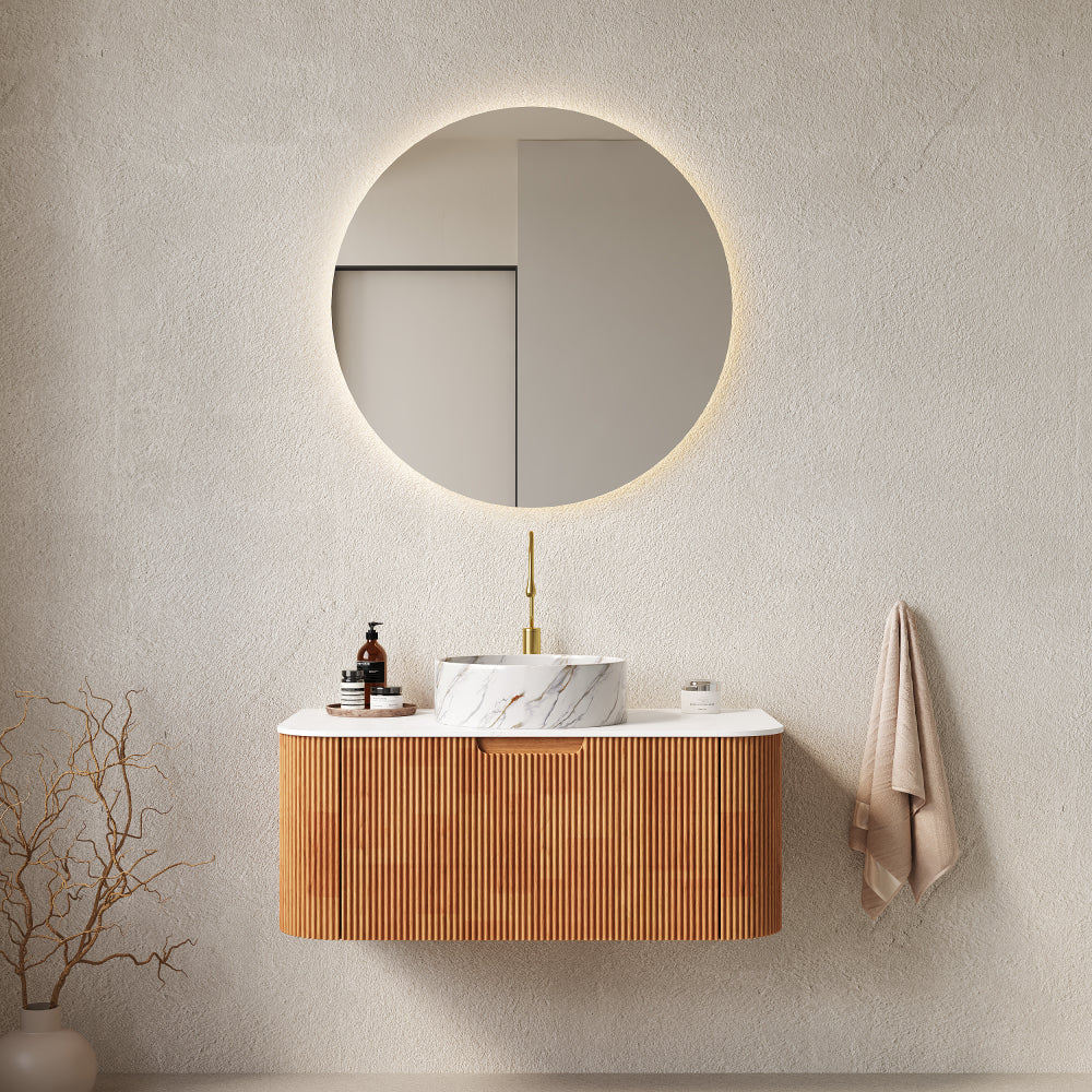 DINA 24" Bathroom Vanity with Sink, Wall-Mounted Floating Curved Edges Striped Bathroom Storage Cabinet with a Drawer, White Round Ceramic Basin without Faucet, Pre-assembled, Natural Woodgrain Color