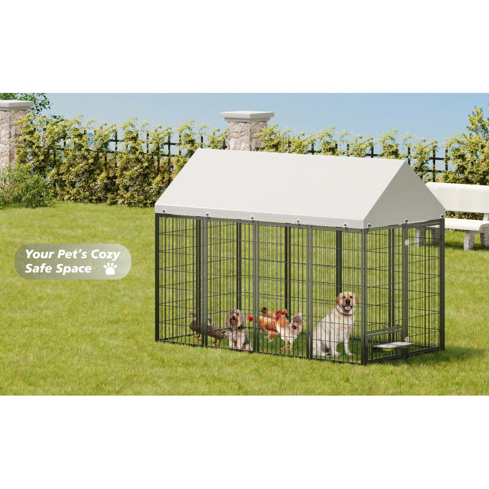 Large Dog Kennel Outdoor Pet Pens Dogs Run Enclosure Animal Hutch Metal Coop Fence with Roof Cover. 7.94'L x 4.13'W x 5.95'H.