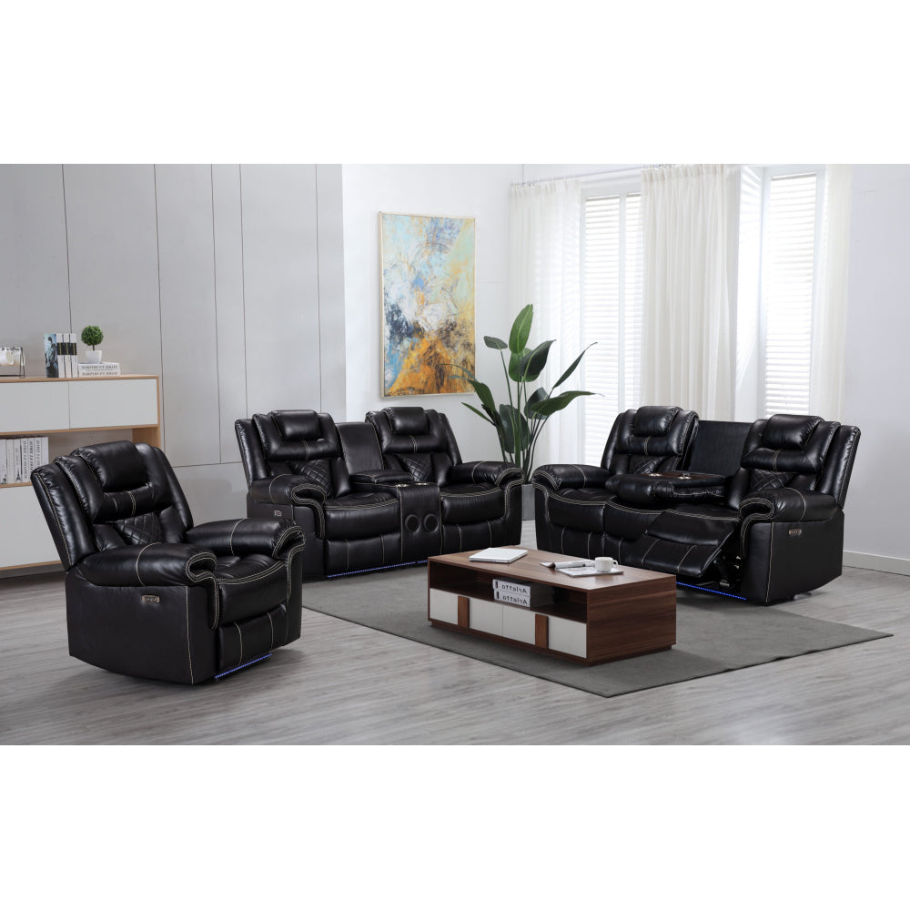 ENCORE 3pc BLACK POWER SOFA, LOVESEAT & RECLINER SET  DUAL POWER WITH DROP DOWN TRAY& SPEAKERS, WIRELESS CHARGER, LIGHT TAPE LEATHER GEL USB ON SWITCH