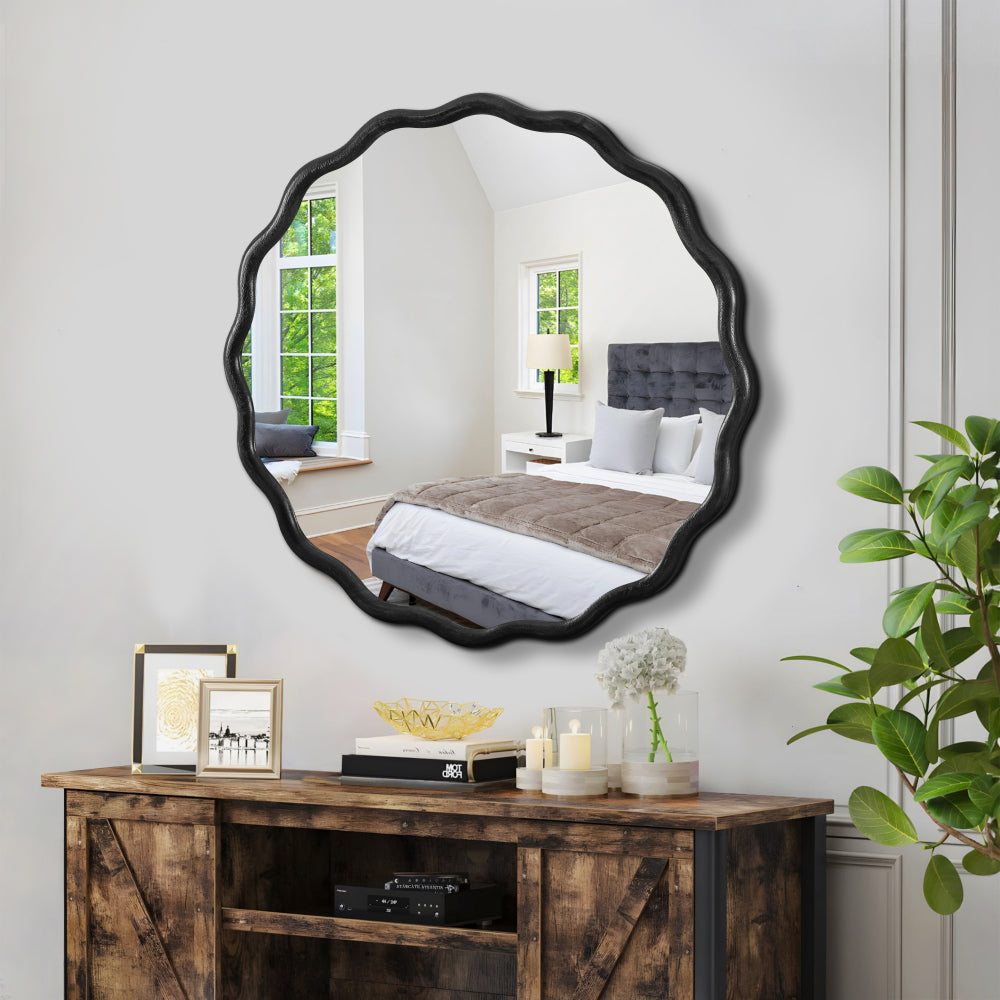 Solid Wood Wavy Mirror-Black Vanity Mirror Wall Decor 36" x 36" Modern Mirror Wall Decor for Bathroom, Bedroom, Living Room, Dining Room, Cloakroom, Entryway
