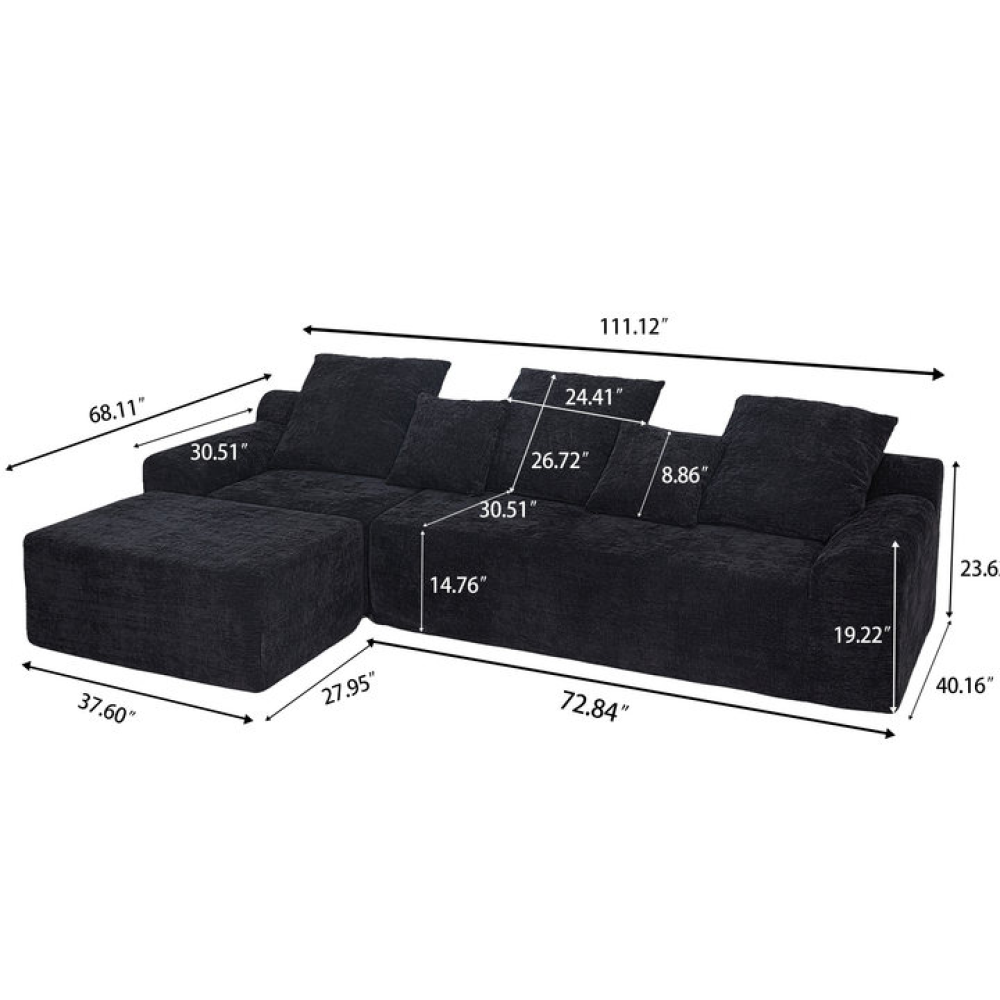 111.2" Modern L-Shaped Sectional Sofa – Modular Velvet Couch with Adjustable Configurations, Soft Melange  chenille Fabric in Black, Stylish & Comfortable for Living Room, Bedroom, and Lounge Areas