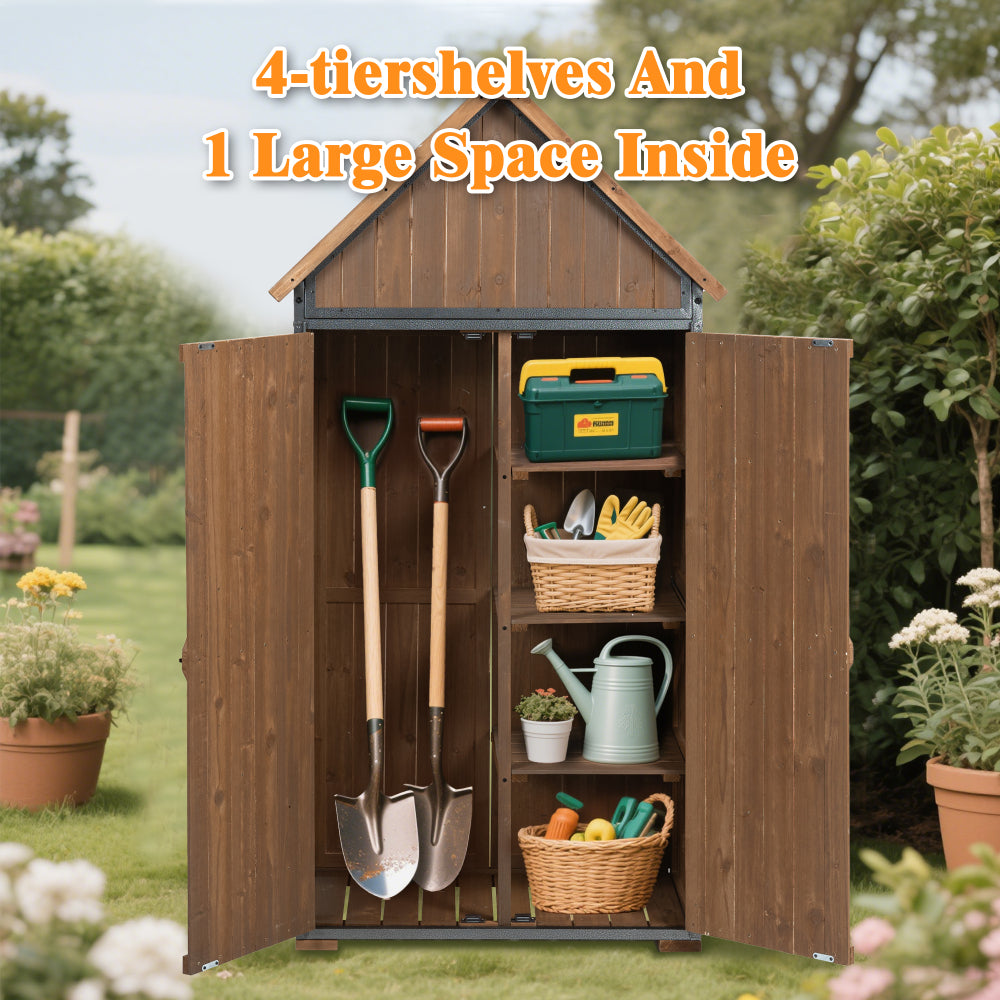Outdoor Storage Cabinet 32.3"L X 21"W X 67"H, Garden Shed Tool Shed with Metal Frame Structure for Backyard Garden Patio Lawn (Brown)