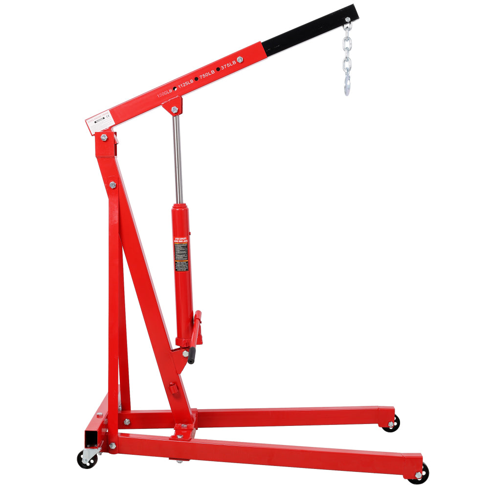 1500 LBS Folding Engine Hoist Cherry Picker Shop Crane Hoist Lift, Heavy Duty Steel with 4 Iron Caster Wheels, Red Color.
