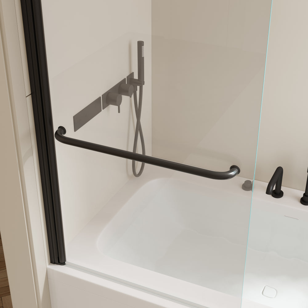30 in. W * 58 in. H Rise and down rotation shaft door Shower Doors for Bathtub, 1/4" (6mm) Thick SGCC Tempered Glass Door, Bathroom Tub Glass single Door, Aluminium Alloy Matte Black Finish
