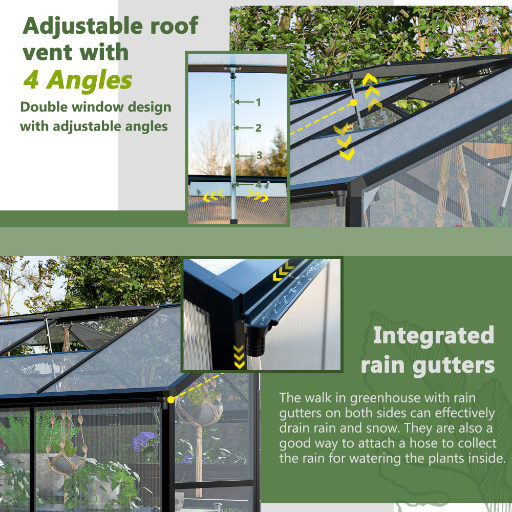 6x8 FT Greenhouse for Outdoors, Polycarbonate Greenhouse with Quick Setup Structure and Roof Vent, Aluminum Large Walk-in Greenhouse for Outside Garden Backyard, Black