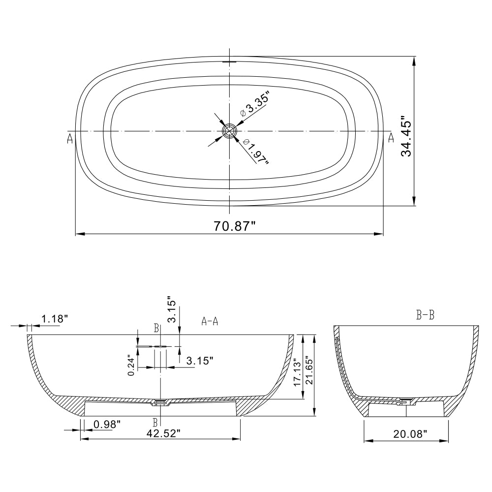 71 inch freestanding solid surface soaking bathtub for bathroom