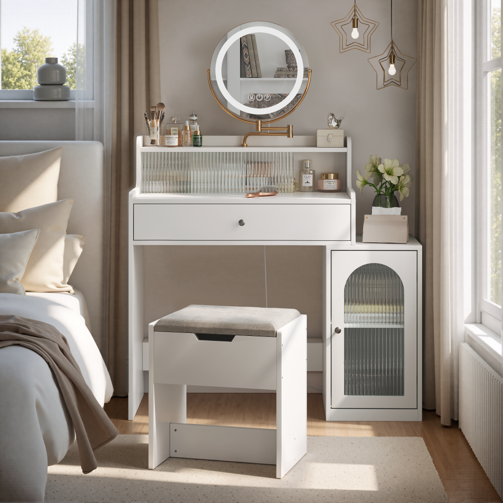 White Vanity Desk with 360° Rotated Mirror and Adjustable Lights, Girls Makeup Vanity Table with Storage Chair and Side Cabinet with Waveform Glass Doors, Dressing Table with Drawer for Bedroom