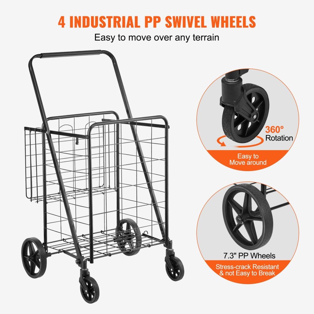 Folding Shopping Cart, Jumbo Grocery Cart with Double Baskets, 360° Swivel Wheels, Heavy Duty Utility Cart, 110 LBS Large Capacity Utility Cart for Laundry, Shopping, Grocery, Luggage