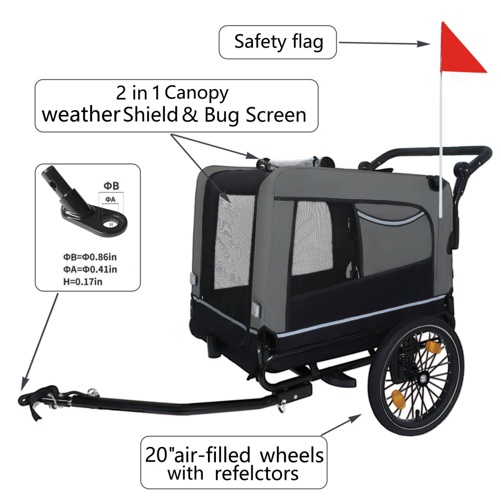 2-in-1 Bike Trailer & Push Cart for Pets - Detachable Bike Hitch & Push Handle Included - All-Terrain Wheels, Quick Release Wheel, Non-Slip Floor, Internal Leash, Holds Pets Up to 88 lbs, Black- Grey